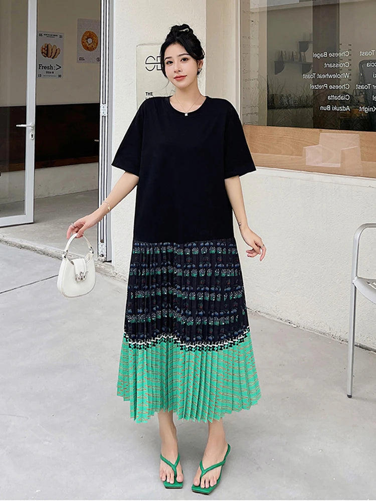 NYFS 2026 Summer New Korean Woman Dress Vestidos Robe Elbise Loose Plus Size Short Sleeve Patchwork Two Fake Pieces Long Dresses