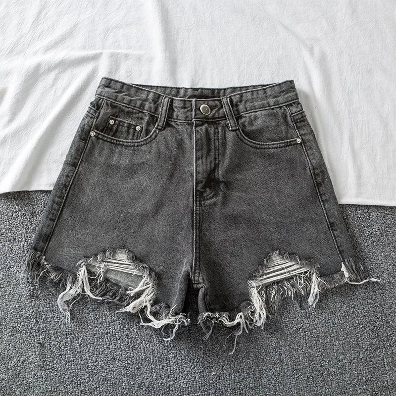 Denim Shorts Women High Waist Slender Korean Fashion Summer Frayed Buttons Zipper Tassel Loose Solid All-match Streetwear Chic