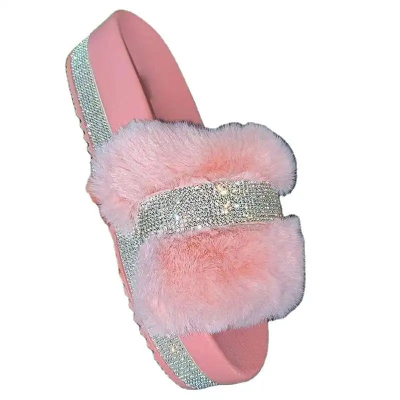 Summer 2020 Women's Flat Bot Platform Slippers Soft Sole Diamond Embellied Fur Strap Slippers Sweet Sle PVC Upper