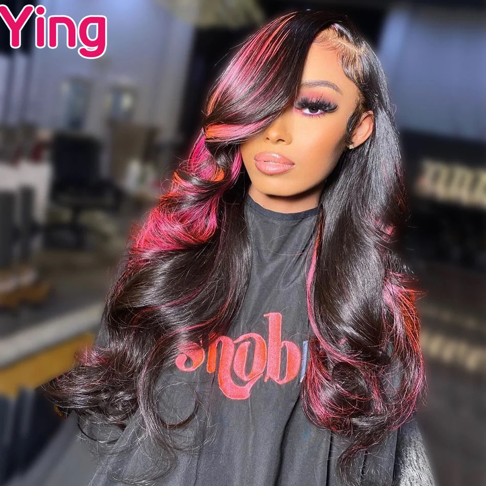 Pink Highlight 13x6 Lace Front Wig Pre Plucked Body Wave Colored Human Hair Wigs Transparent Peruvian Remy Hair For Black Women
