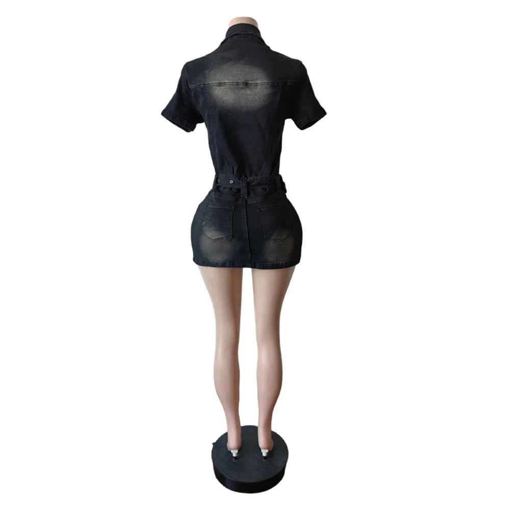 New Women Fashion Denim Dresses Belt Stretch Washed Short Dresses Sexy Girls Mini Denim Dresses Women Casual Summer Clothes