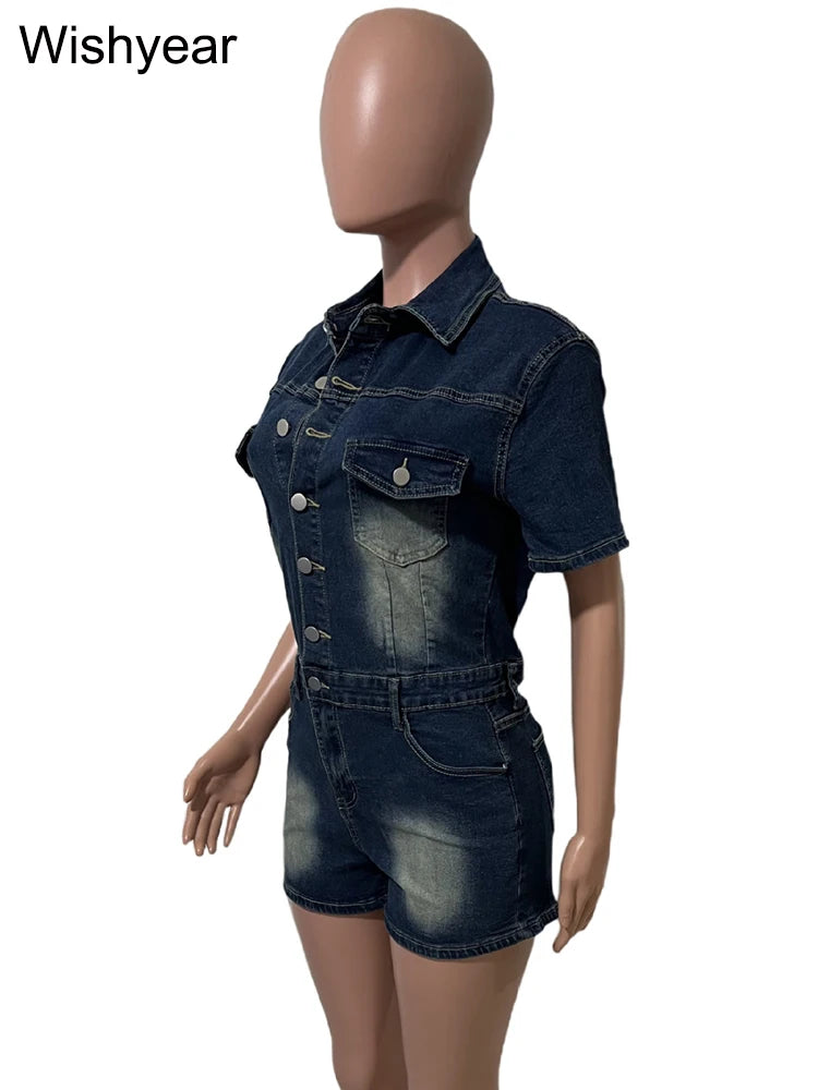 Fashion Denim Shorts Jumpsuits for Women Washing Short Sleeve Buttons Playsuits One Pieces Rompers Female Streetwear Overalls