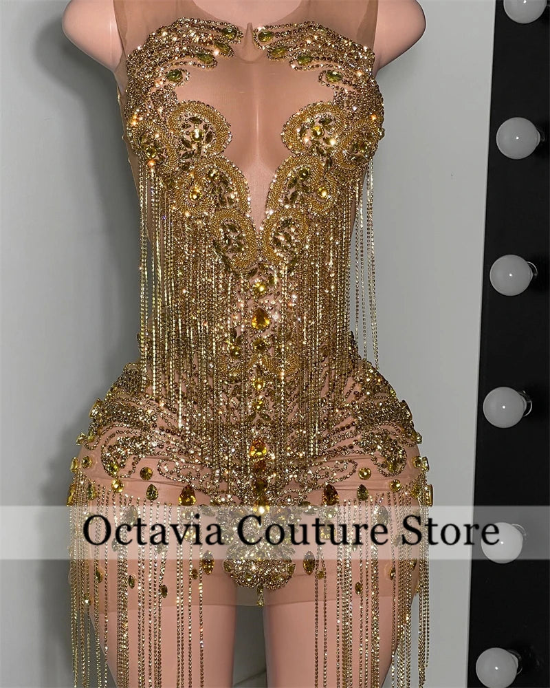 Luxury Gold Diamond Short Prom Gowns See Through Tassel Vestidos De Graduación Beaded Crystal Dresses For Cocktail Customized