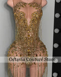 Luxury Gold Diamond Short Prom Gowns See Through Tassel Vestidos De Graduación Beaded Crystal Dresses For Cocktail Customized