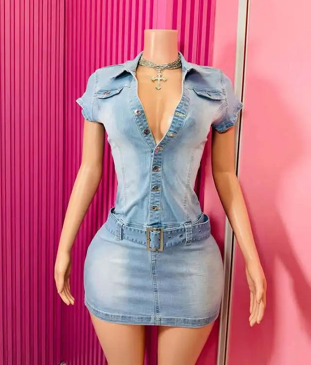 HLJ Fashion Denim Bodycon Mini Dresses Women V Neck Short Sleeve Slim Vestidos Summer New Cowboy Stretchy Streetwear Dress 2025