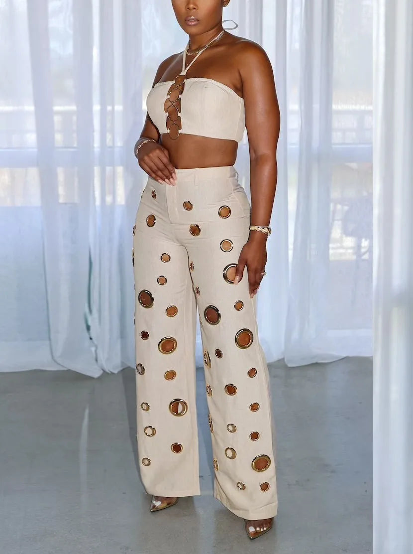 Metal Ring Hollow Out Two Piece Set Women Sexy Strapless Lace Up Halter Backless Crop Tops + Wide Leg Pants Casual Street Suits