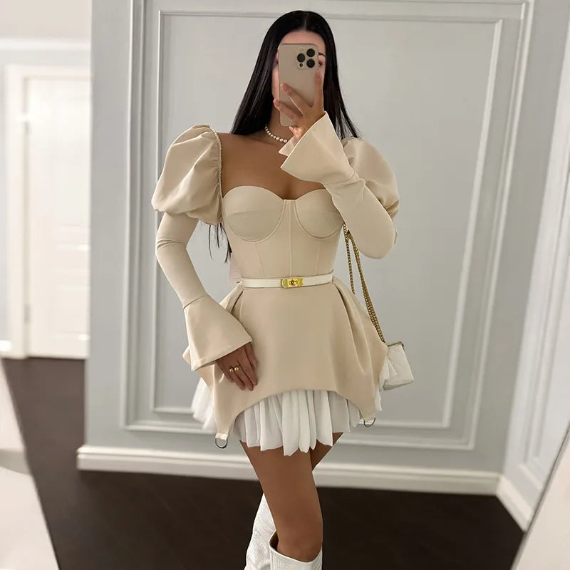 Dress Women Sexy Mini Dresses Irregular Folds Patchwork Puff Sleeve Square Collar Above Knee 2025 Summer Party A Line Vestidos