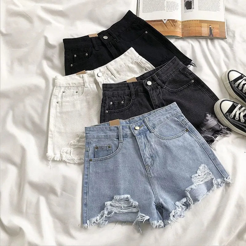 Fashion Casual Tassel Ripped Shorts Women 2026 Summer High Waist Denim Jeans Y2K Hot Pants Streetwear Korean Blue Cowboy Shorts