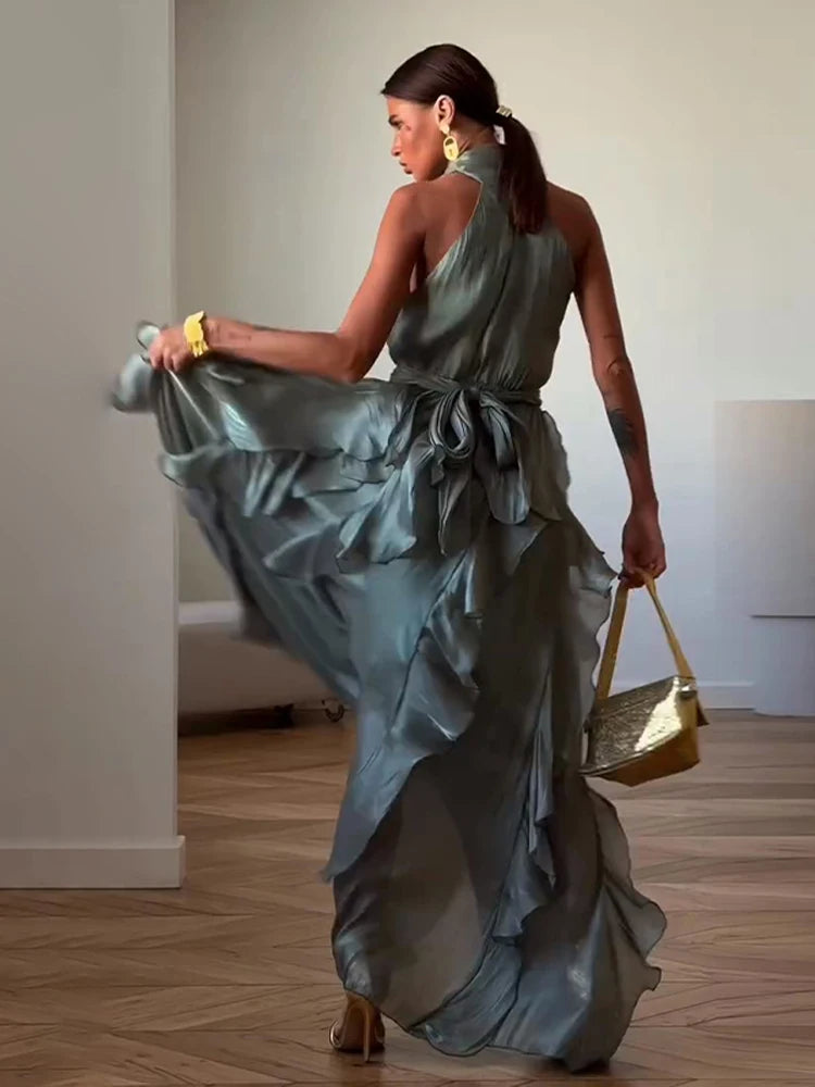 Fashion Halter Ruffle Long Dress Women Chiffon Sleeveless Ruffled Tiered Waist Cinching Party Dresses Lady Holiday Y2K Chic Robe