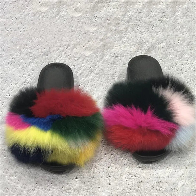 Women Summer Real Fox Fur Slippers Colorful Real Fur Slippers Flat Bottomed Anti Slip Fur Ladies Shoes Outdoor Designer Shoes