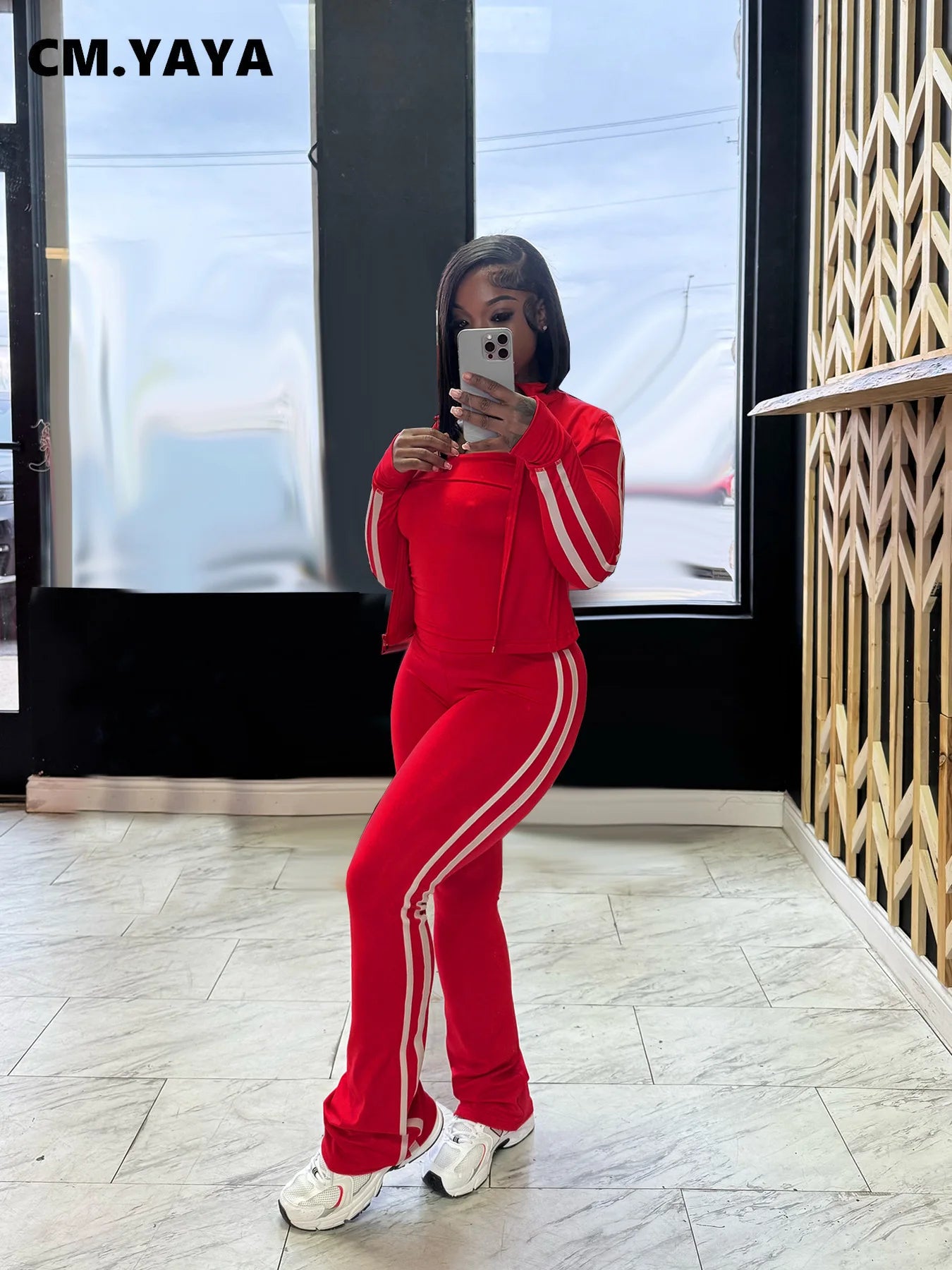 CM.YAYA Women's Set Long Sleeve Cargidan +strapless and Striped Pants Suit Three 3 Piece Set 2025 Street Active Outfit Tracksuit