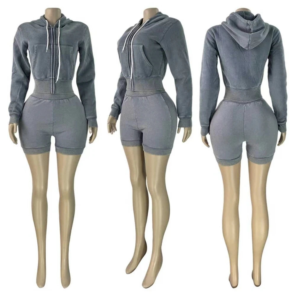 HLJ&GG High Quality Washed Casual Zip Hooded Two Piece Sets Women Long Sleeve Top+Biker Shorts Outfits Fashion Sporty Streetwear