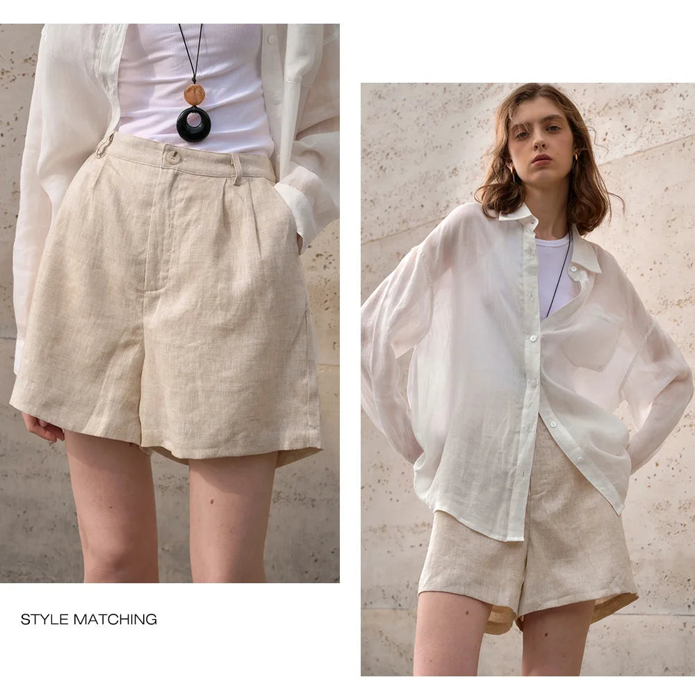 Retro 100% Linen Short Pants Women High Wasit Casual Harajuku Fashion Streetwear White Color Summer Office Lady Female Shorts
