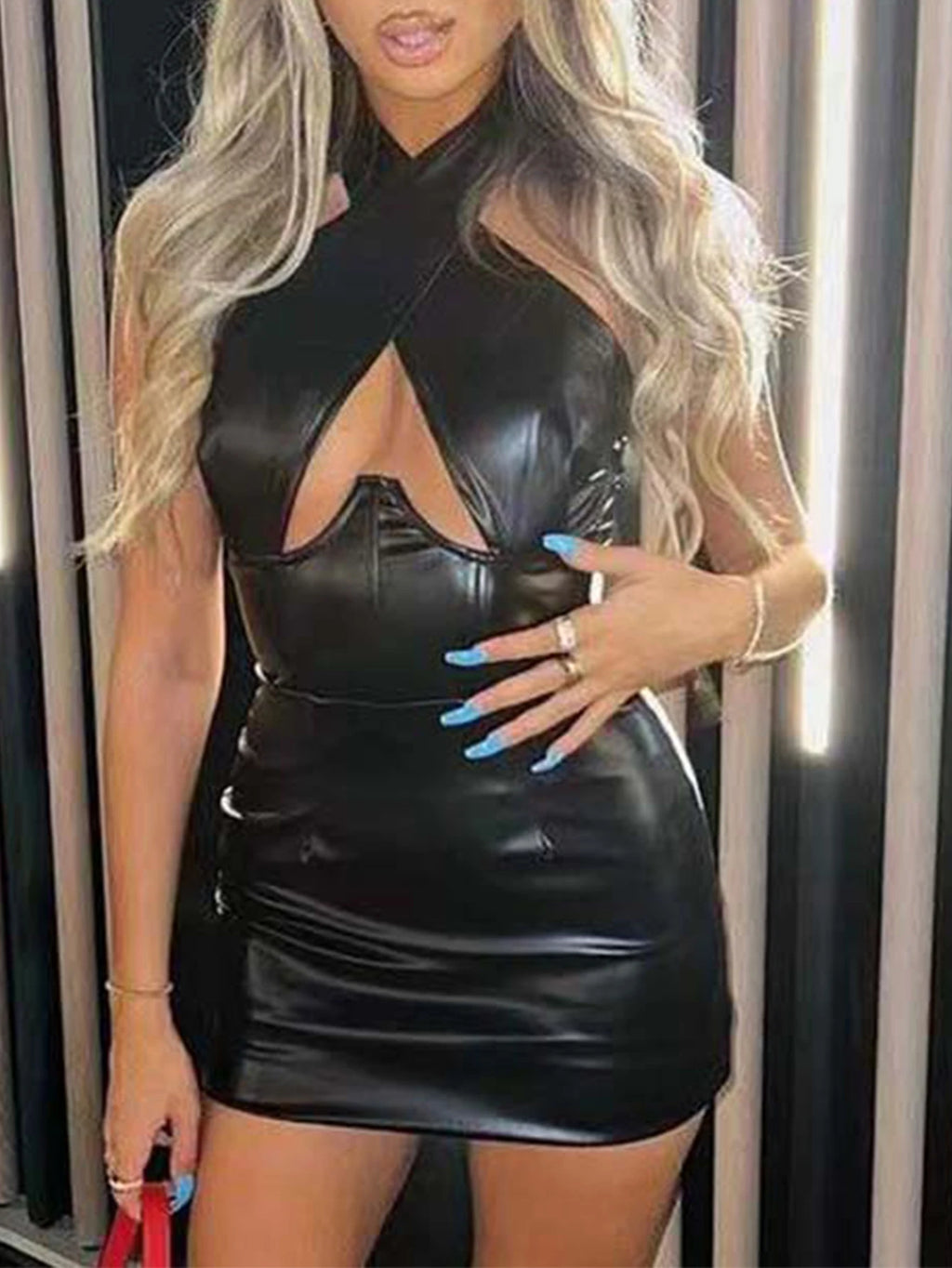 Sexy backless black corset leather summer dress women 2026 halter club birthday party dress woman PU mini bodycon dress vestidos