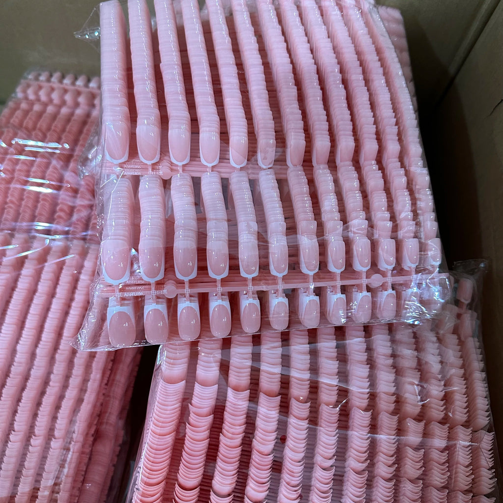 120Pcs Short Square Coffin French Fake Nails Glossy Pink  Full Cover Wearable Press on Nails Wearable Acrylic Fake Nails Tips #