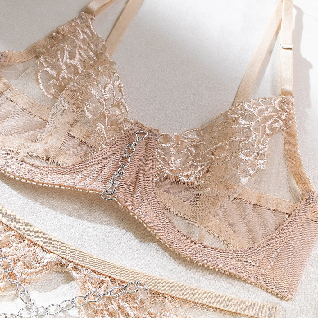 SINGREINY Embroidery Transparent Lingerie Suit Ladies Floral Shapewear Porno American Style Chain Design Sheer Erotic Underwear