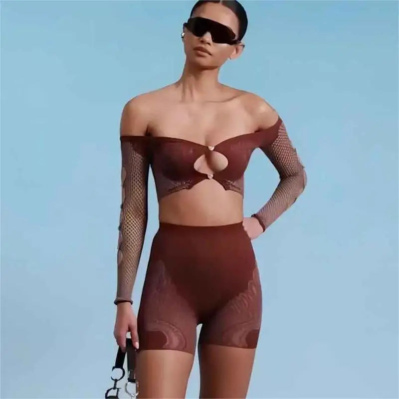 Women 2 Piece Set Print Patchwork  Sexy Rhinestone Off Shoulder Long Sleeve Crop Tops and Shorts Coquette Nightclub Wear