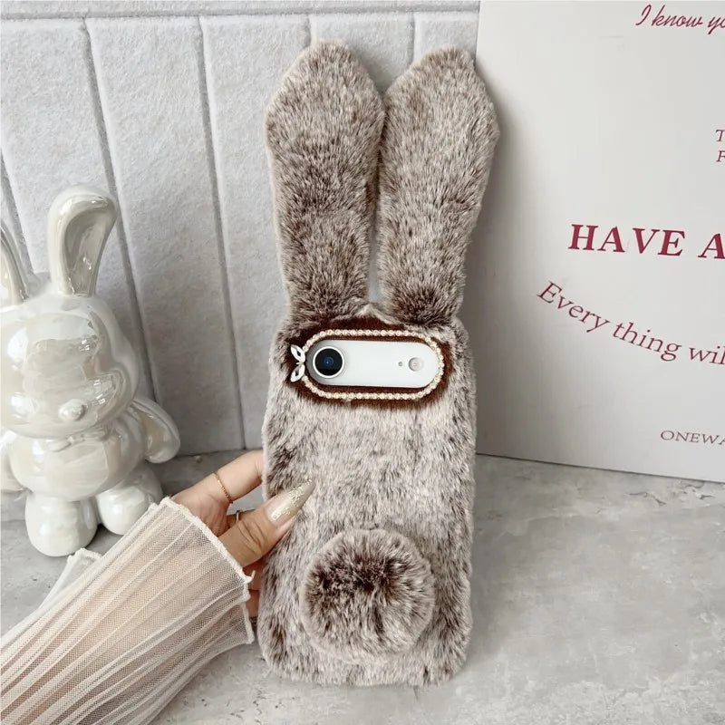 3D Cute Rabbit Ears Fur Plush Phone Case For iPhone 17 Pro Max 16 15 14 13 12 11Pro max Plus mini 17Air Furry Bunny Warm Cover