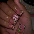 24pcs Short Square Leopard French Press On Nails y2k Nude Pink False Nails With 3D Cherry Crystal/Butterfly/Bow Charms Fake Nail