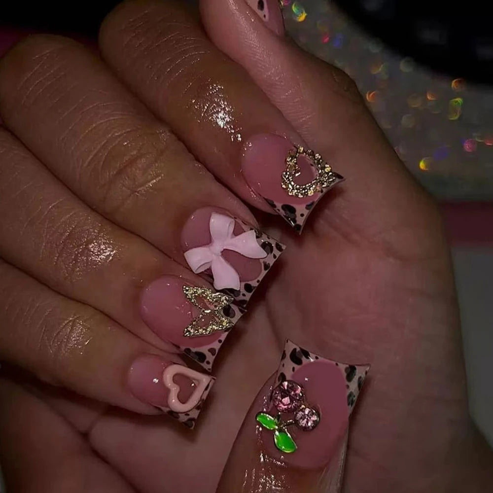 24pcs Short Square Leopard French Press On Nails y2k Nude Pink False Nails With 3D Cherry Crystal/Butterfly/Bow Charms Fake Nail