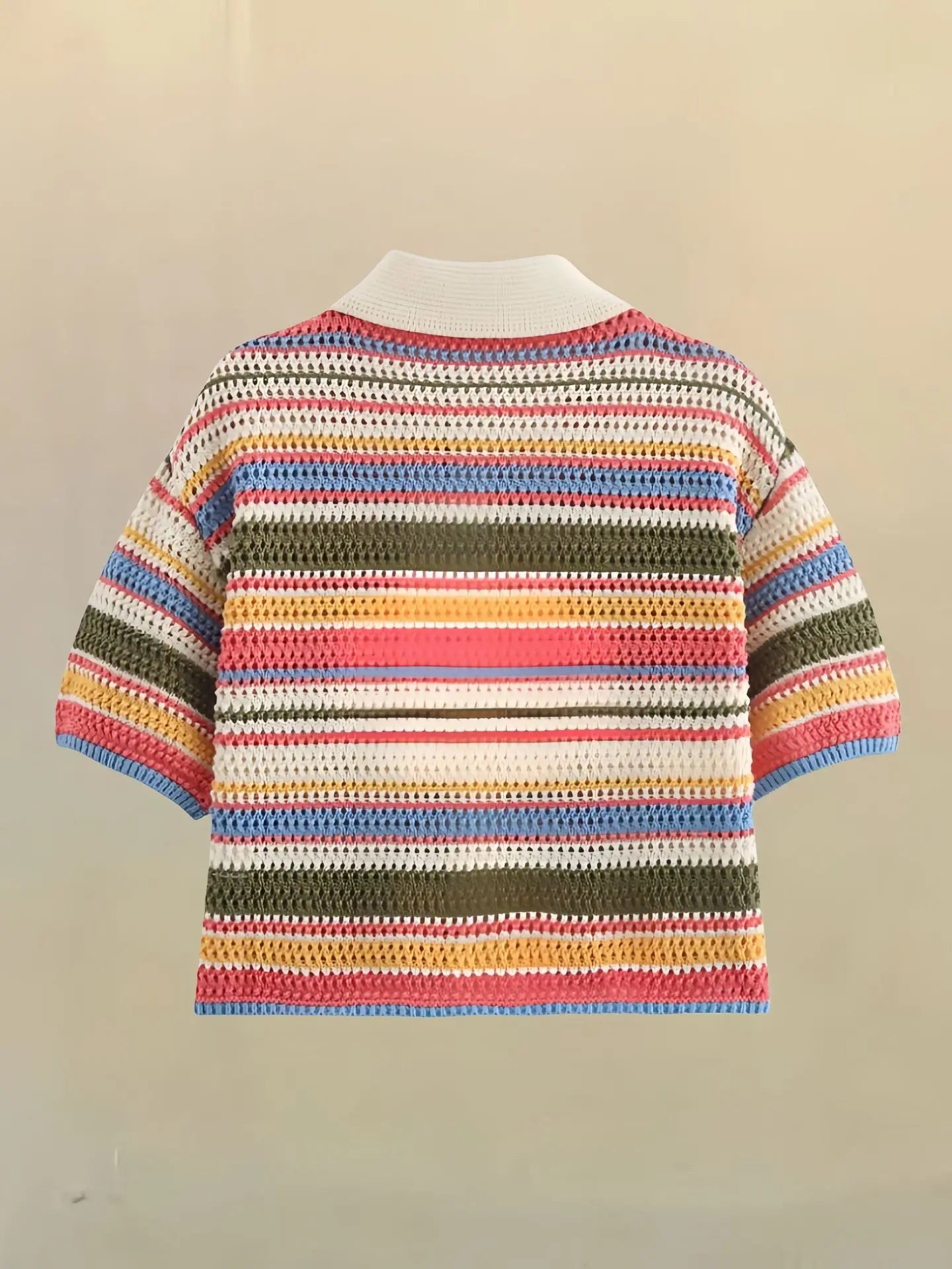 Women Patchwork Striped Hollow Out Crochet Knitted Crop Sweater Shorts Set Short Sleeve Polo Collar Sweater Knit Shorts Suit Y2K
