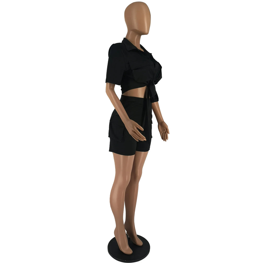 Women Shorts Two Piece Set Turn Down Collar Shirt Button Lace Up High Waist Short Sets Pockets Elegant Lady Streetwear Suit