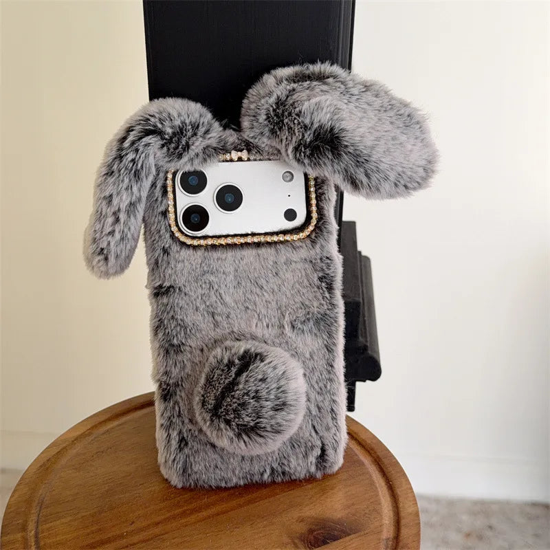 3D Cute Rabbit Ears Warm Furry Plush Bunny Phone Case For iPhone 17 Air 16 15 14 13 12 11 Pro Max XS XR X Plus Shockproof Cover