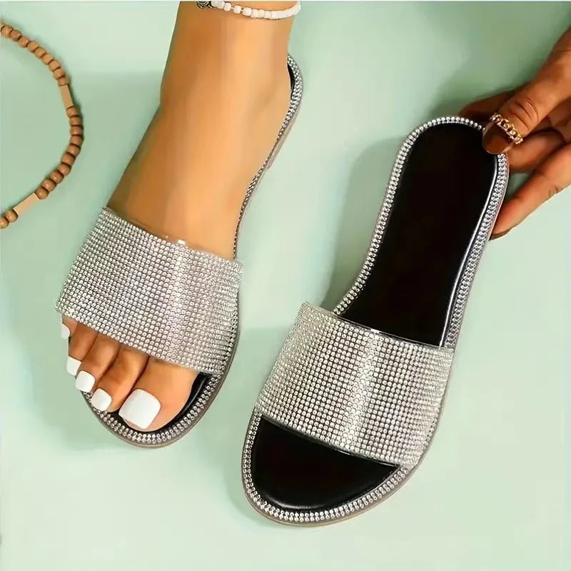 2024 New Shiny Rhinestone Fashion Ladies Slippers Outdoor Women Roman Shoes Flat Sandals Female Casual Beach Crystal Slides