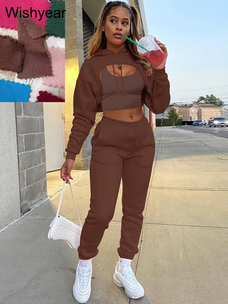 Tracksuit 3 Pieces Pants Sets for Women Velvet Hoodie Crop Tops+Vest+Sweatpants Matching Suit Sport Jogger Winter Fall Outfits