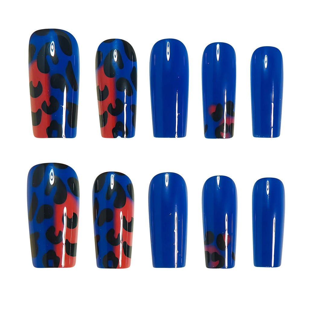 Medium fake nails tips for women girls gradient purple blue green red black leopard printing Square almond tips press on nails