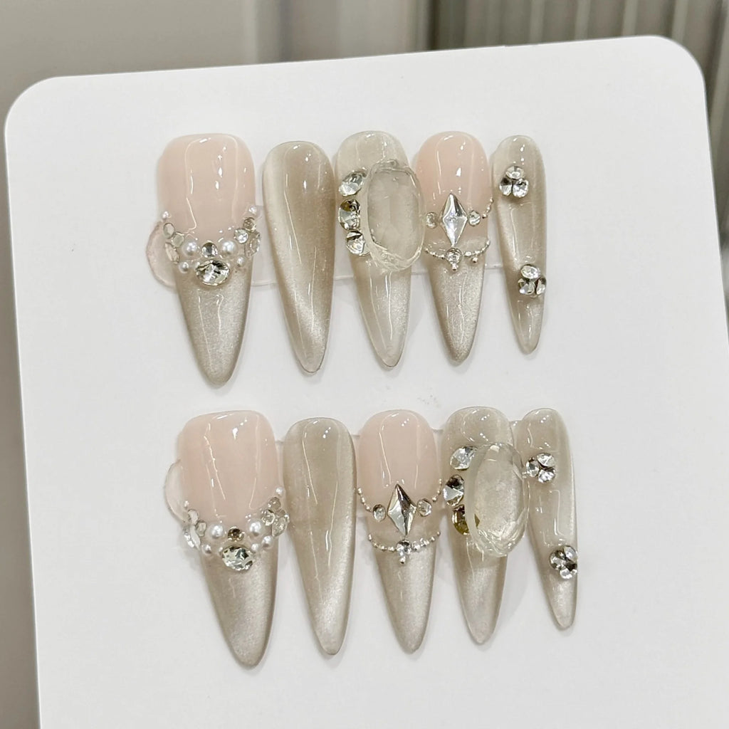 10pcs Nude Color Handmade Press On Nails Glossy Dimoand Champagne Color French False Nails Luxury Almond Simple Fake Nail Tips