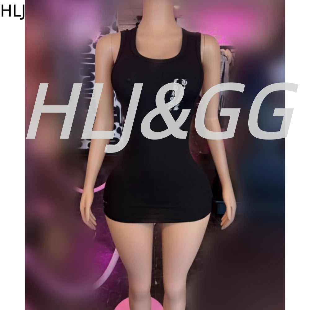 HLJ Summer New Letter Print Ribber Bodycon Mini Dresses Women Round Neck Sleeveless Slim Vestidos Fashion Y2K Streetwear BR 2026