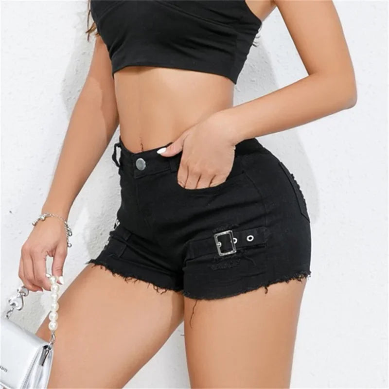 Women Denim Shorts High Waist Broken Holes Patchwork Tassel Ultra-Short Pants Trend Streetwear Female New Casual Straight Trunks