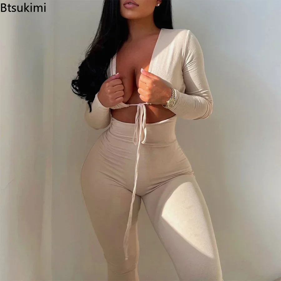 Summer Y2K Streetwear Women's Sexy Hollow Out Jumpsuits Bandage Tie Long Sleeve Bodycon Playsuits Women Clothes Gothic Rompers