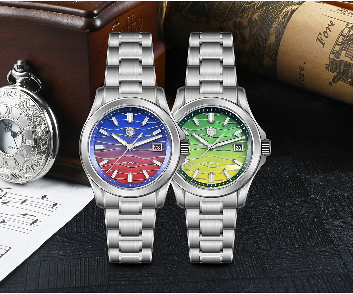 San Martin 39mm Miyota 9015 Splicing MOP Dial Men Automatic Watch 3H Date BGW-X1 Luminous Sapphire 10Bar Waterproof SN0150