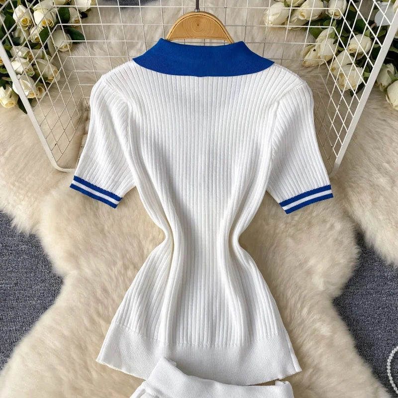Fashion Knitting 2 Piece Sets Women Outfits Summer Clothing Women 2026 Polo-Neck Top Mini Skirt Suit Casual Knitted Dress Sets