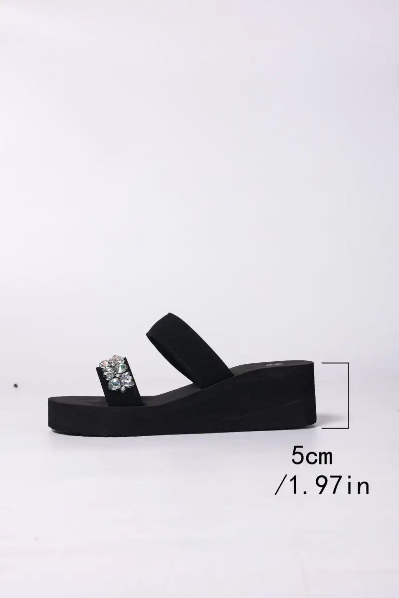 Luxury Silver Rhinestore Thick Bottom Black Sandals Women Summer 2026 Comfort Platform Beach Slippers Woman Wedge Heel Slippers