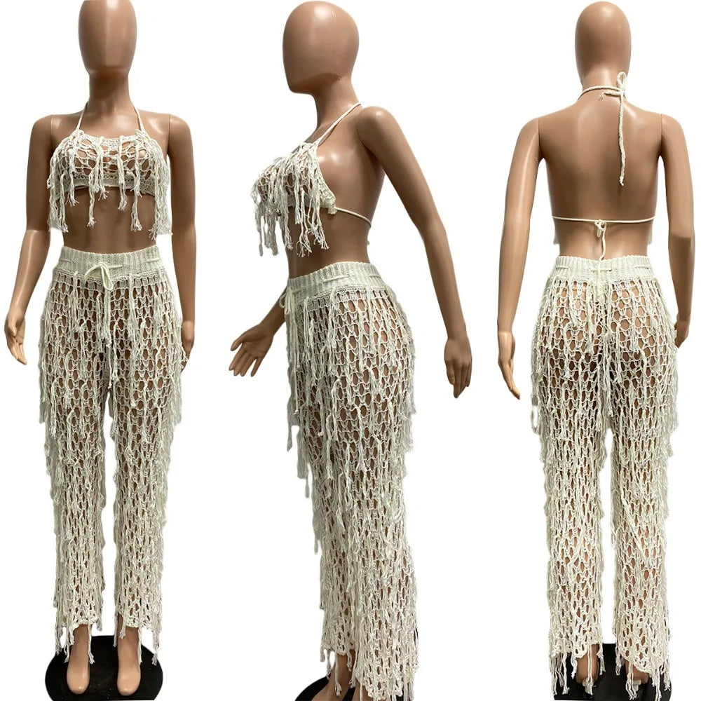FAGADOER Sexy Hollow Out Tassels Pants Two Piece Sets Women Halter Sleeveless Backless Crop Top + Pants Outfit Female Streetwear