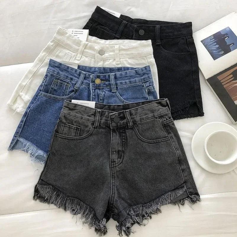 2026 New Summer Women High Wiast Raw Hem Denim Shorts Soild White Black Blue Korean Wide Leg Pants Mon Shorts  Jean Shorts