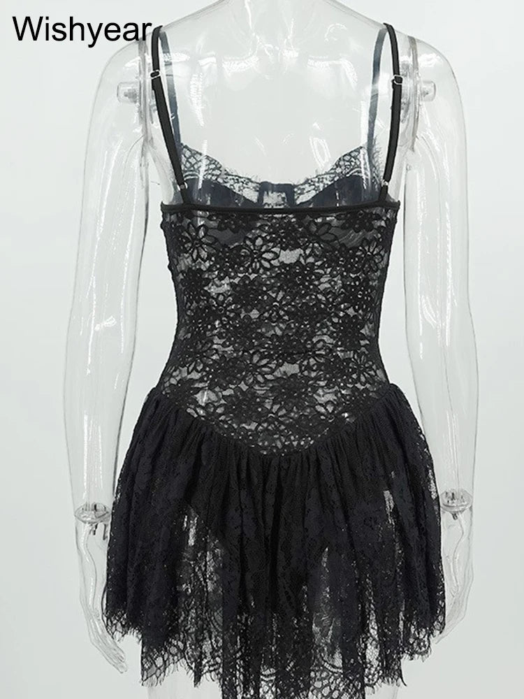 Wishyear Sexy Spaghetti Strap Lace See Through Bodycon Mini Dress Women Sexy Night Club Hot Girl Party Dance Bar Vestidos 2025