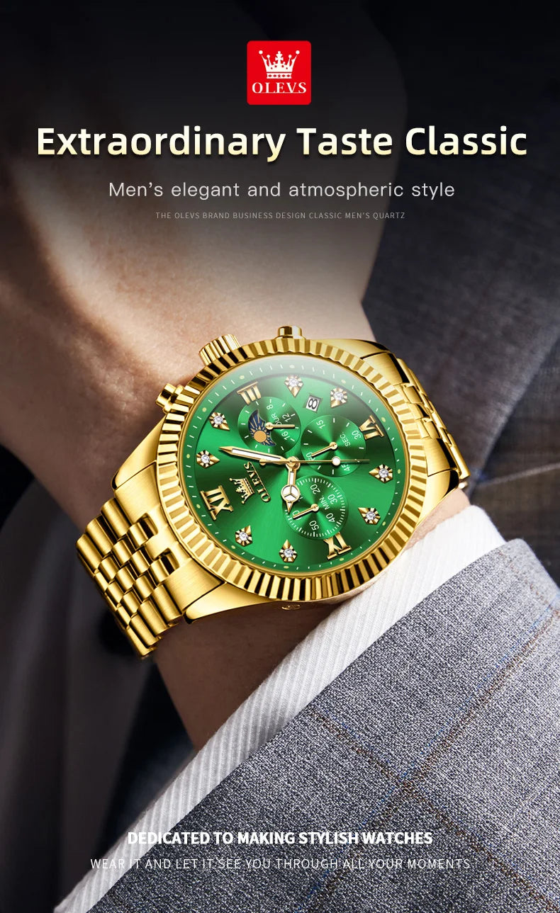 OLEVS Brand Luxury Gold Black Quartz Watch for Men Stainless Steel Waterproof Luminous Date Week Fashion Men Watches Reloj Hombr