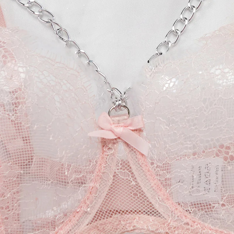 Sexy Lace Lingerie Set with Feather Women's Chain Perspective Underwear Garters Exotic Apparel Suit Female Solid Transparent Bra