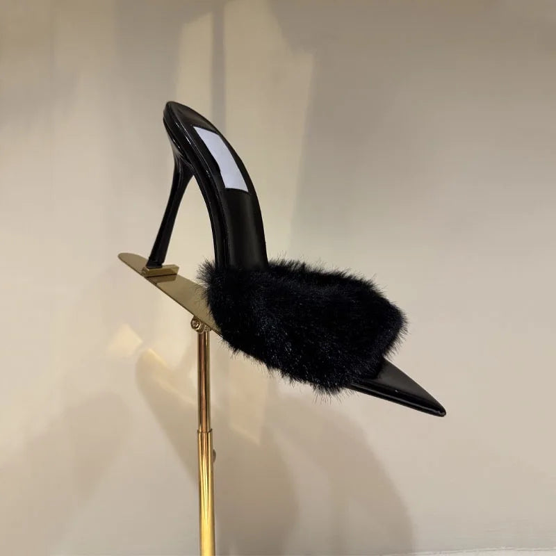 Women's Fox Fur High-Heeled Slippers Stiletto Heel Mules Open Toe Slip On Sandals Suede Upper Party Clubwear Elegant Sandals