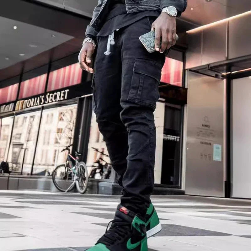 Men Street Elastic Denim Jeans Wash Solid Color Multi Pockets Cargo Pants Casual Slim Fit Daily Wear Joggers Mid Waist Trousers