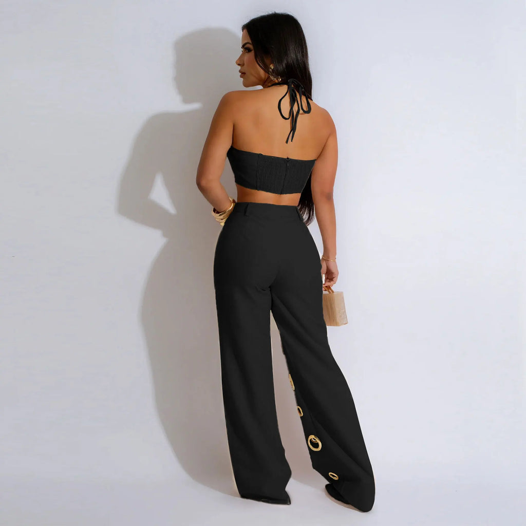 Metal Ring Hollow Out Two Piece Set Women Sexy Strapless Lace Up Halter Backless Crop Tops + Wide Leg Pants Casual Street Suits