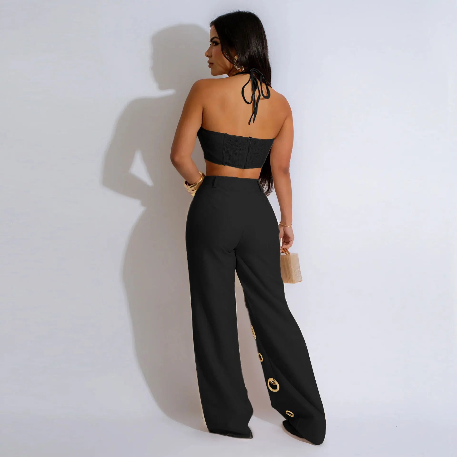 Metal Ring Hollow Out Two Piece Set Women Sexy Strapless Lace Up Halter Backless Crop Tops + Wide Leg Pants Casual Street Suits