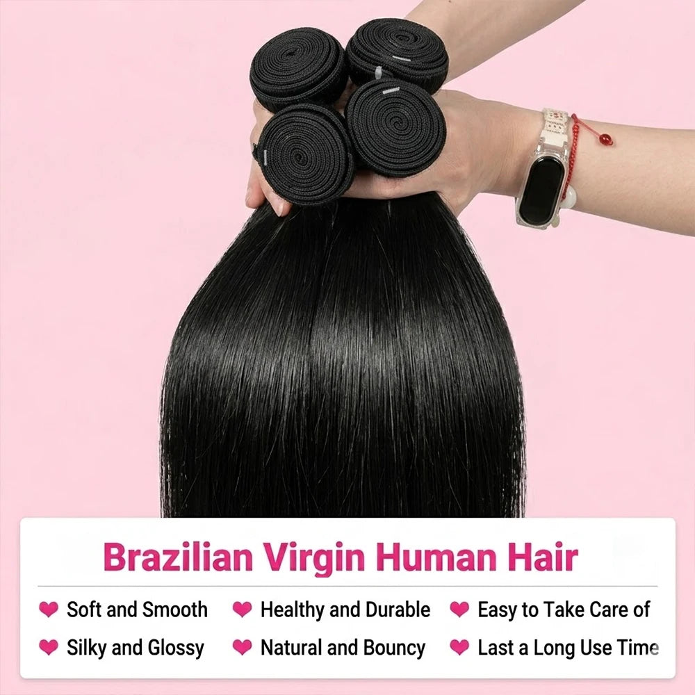 36 38 Inch Straight Bundles Real Human Hair Brazilian Virgin Hair 1 3 4 Pcs Raw Remy Hair Bundles Extensions Natural Black Color