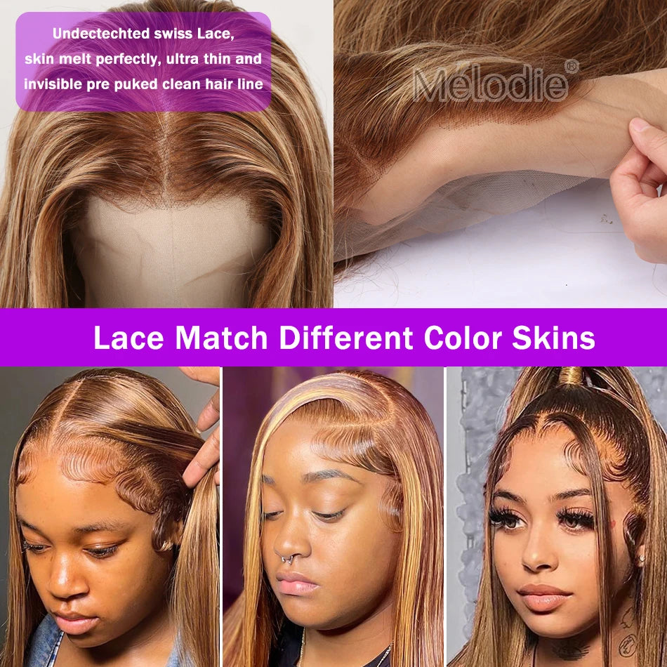Melodie 30 40 Inch Highlight Wigs Human Hair Honey Blonde Colored Straight 13x6 Lace Frontal Wig 220% Brazilian Hair For Women