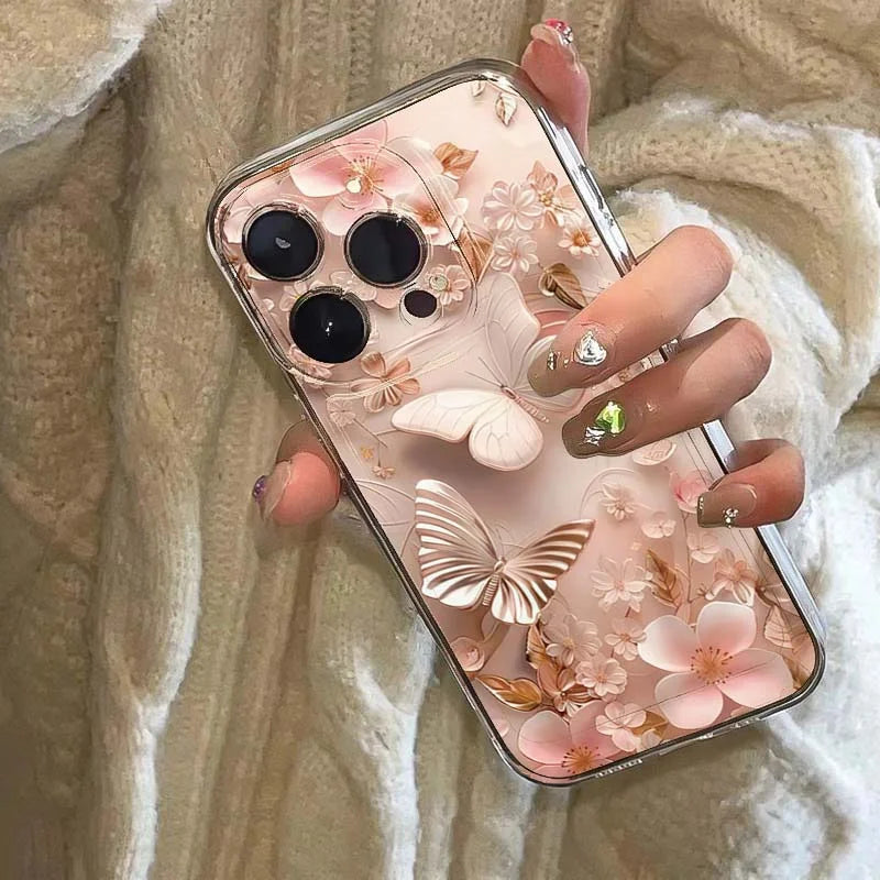 Creative Butterfly Flower Pattern Phone Case For iPhone 11 12 13 14 15 16 17 Pro Max XS X XR 7 8 Plus 16e Transparent Soft Cover