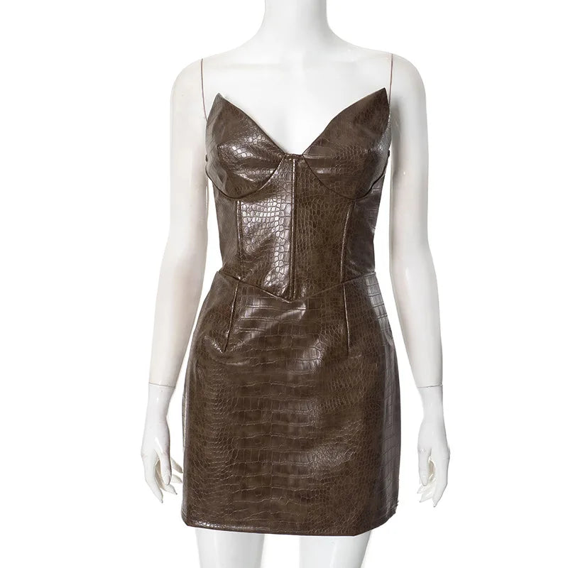 Nsauye New Elegant Sexy Fashion Leather Strapless Women Dress Night Club Evening Party Short Bodycon High Waisted Dress 2025